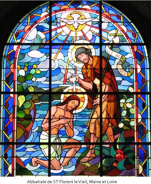 Vitrail du baptême du Christ Abbatiale de St florent le Vieil, Maine et Loir 